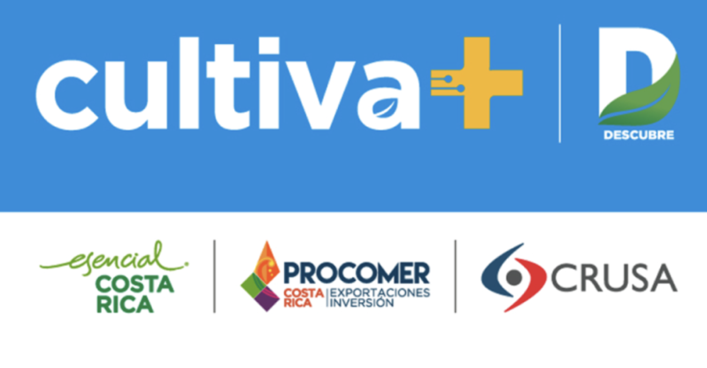 Logo de Cultiva+ con Descubre, Esencial Costa Rica, PROCOMER y CRUSA